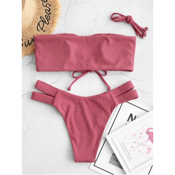 ZAFUL Shein Pink Ribbed Bandeau Lace Up Bikini - Picture 4 of 4